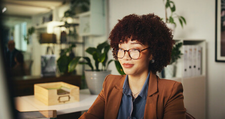 Computer, research and reading with business woman in office for sustainability consultant, planning and report. Environmental audit, corporate social responsibility and energy solutions with person