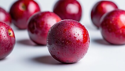 Juicy Red Plums: A Close-Up View of Fresh, Ripe Fruit with Water Droplets, Glistening and Vibrant Colors.