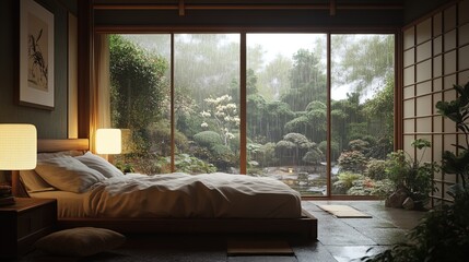 Fototapeta premium Serenity unfolds in a Japanese-style bedroom with garden views
