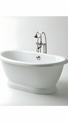 Oval bathtub, chrome faucet, white background, bathroom, home decor
