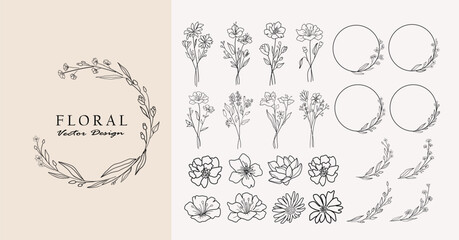 Botanical decorative design set. Beautiful  line art flower bouquets, frames, leaves set. Hand drawn botanical vector set. Trendy floral wildflowers and decoration set.