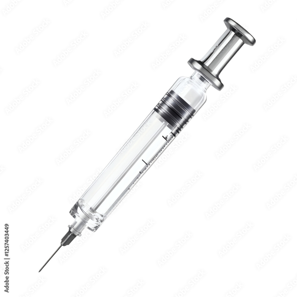 Aufkleber realistic high-quality isolated object of a prefilled syringe with a capped needle, sterile single-use medical injector, clear liquid visible inside, on a white background, no object touching frame