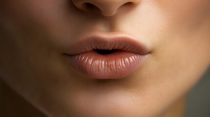 Fototapeta premium Close-up of a woman's lips poised to kiss, showcasing soft skin and subtle makeup in a blurred background
