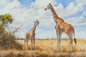 Obraz premium Watercolor Painting of Mother and Baby Giraffe Standing Together
