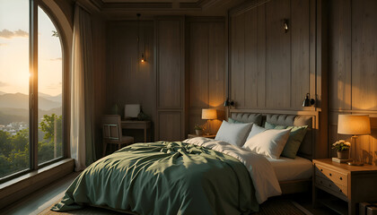 minimalist bedroom with romantic interior and sunlight reflection coming in. Ai generated image