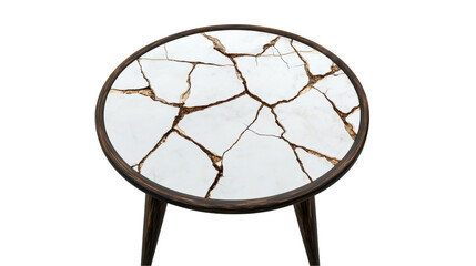 A stylish round table with a cracked marble top, perfect for modern home decor. transparent background