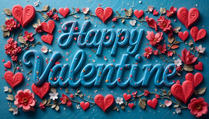 Embossed Happy Valentine's text, a combination of blue, surrounded by a heart symbol. ai generated image
