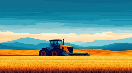 Fototapeta premium A vibrant landscape featuring a tractor working in golden fields under a blue sky with distant mountains.