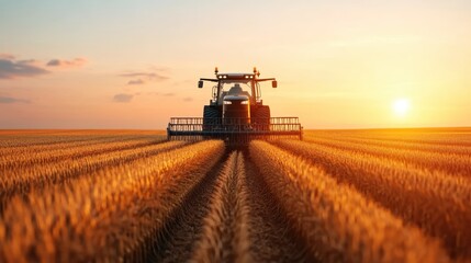 Fototapeta premium A tractor harvests wheat in a golden field during sunset, showcasing the beauty of agriculture and rural life.
