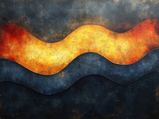 Obraz premium Abstract art with wavy, textured layers in dark blue, orange, and gold. Ideal for backgrounds, website design, or artistic projects needing a dramatic feel.