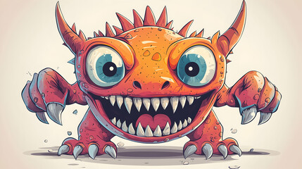 Fototapeta premium Illustration Orange Monster Big Eyes Teeth Claws Grin Fantasy Creature