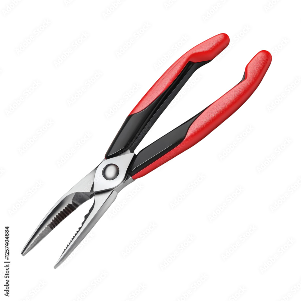 Poster realistic high-quality isolated object of a pair of pliers with red rubber grips, hardened steel cut