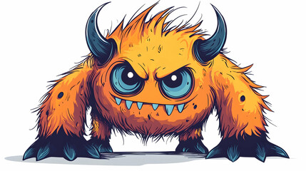 Fototapeta premium Illustration Angry Orange Furry Monster with Horns and Claws