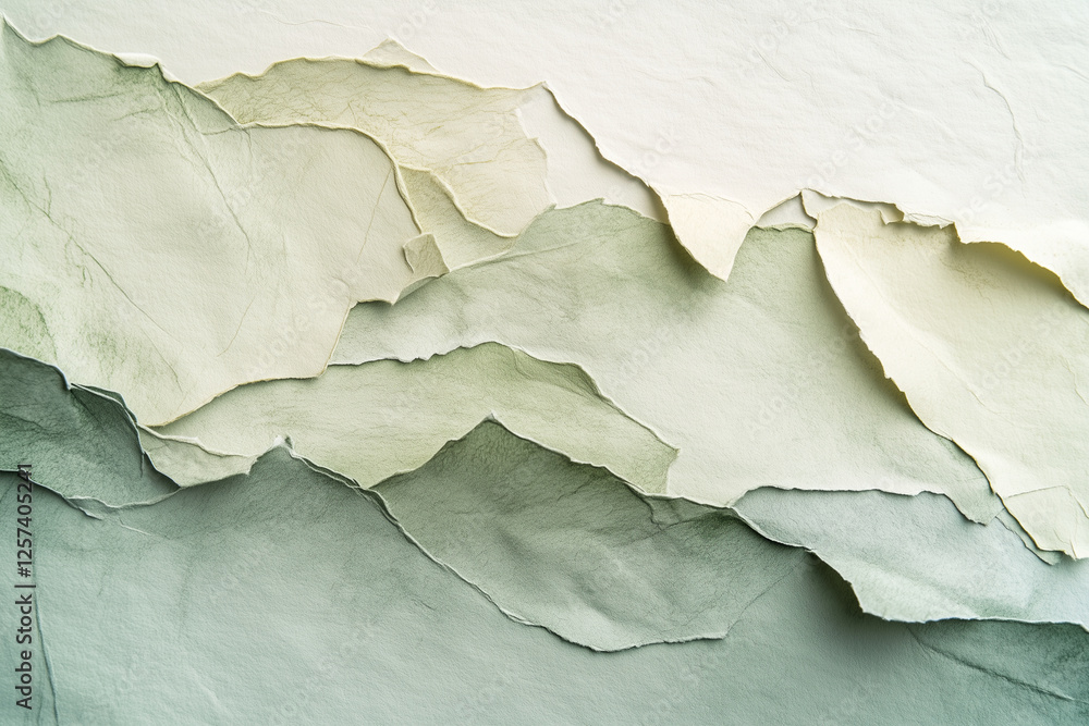 Poster collage of torn paper with a mountain range in the background. the paper is cut into various shapes 