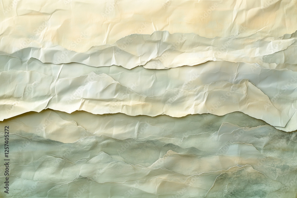 Poster paper with a mountain range on it. the paper is torn and crumpled. the mountains are in the backgrou