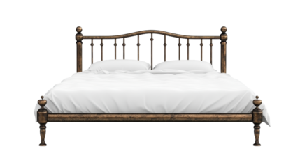 Elegant wooden bed with soft white bedding, perfect for a cozy bedroom setup. transparent background