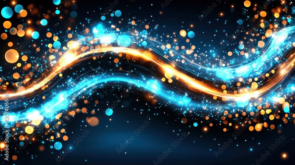 Poster Bright Abstract Background with Light Trails and Bokeh Effect in Blue and Orange Colors