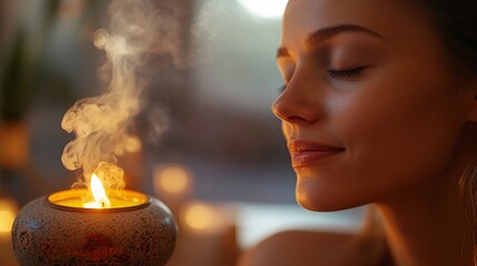 Woman relaxes peacefully near a scented candle