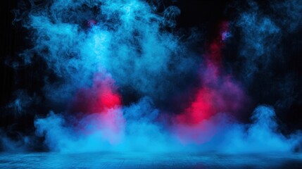 A thrilling light show featuring energetic red and blue laser beams glowing through stage fog.