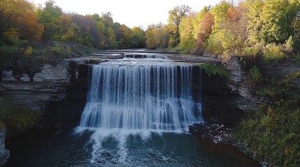 Fototapeta premium Majestic waterfall cascading down rocky cliffs, surrounded by vibrant autumn foliage.