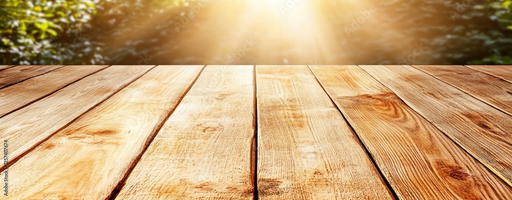 Poster sunlit wooden table top in forest background with warm glow and natural elements