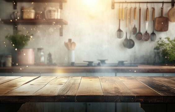 Rustic kitchen counter, cooking tools, sunlight, food display