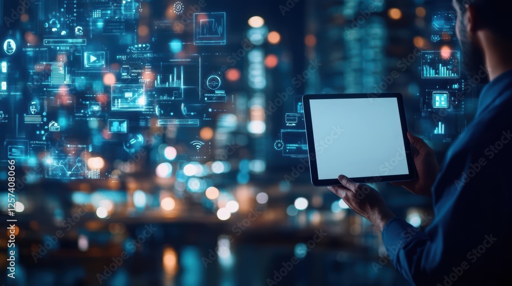 Poster Man holding a tablet displaying a digital interface with various application icons and data visualizations