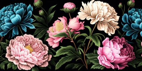 Beautiful seamless floral pattern featuring vibrant peonies in shades of pink, blue, and cream, surrounded by lush green leaves, creating a luxurious and artistic design for high-end textiles, wallpap