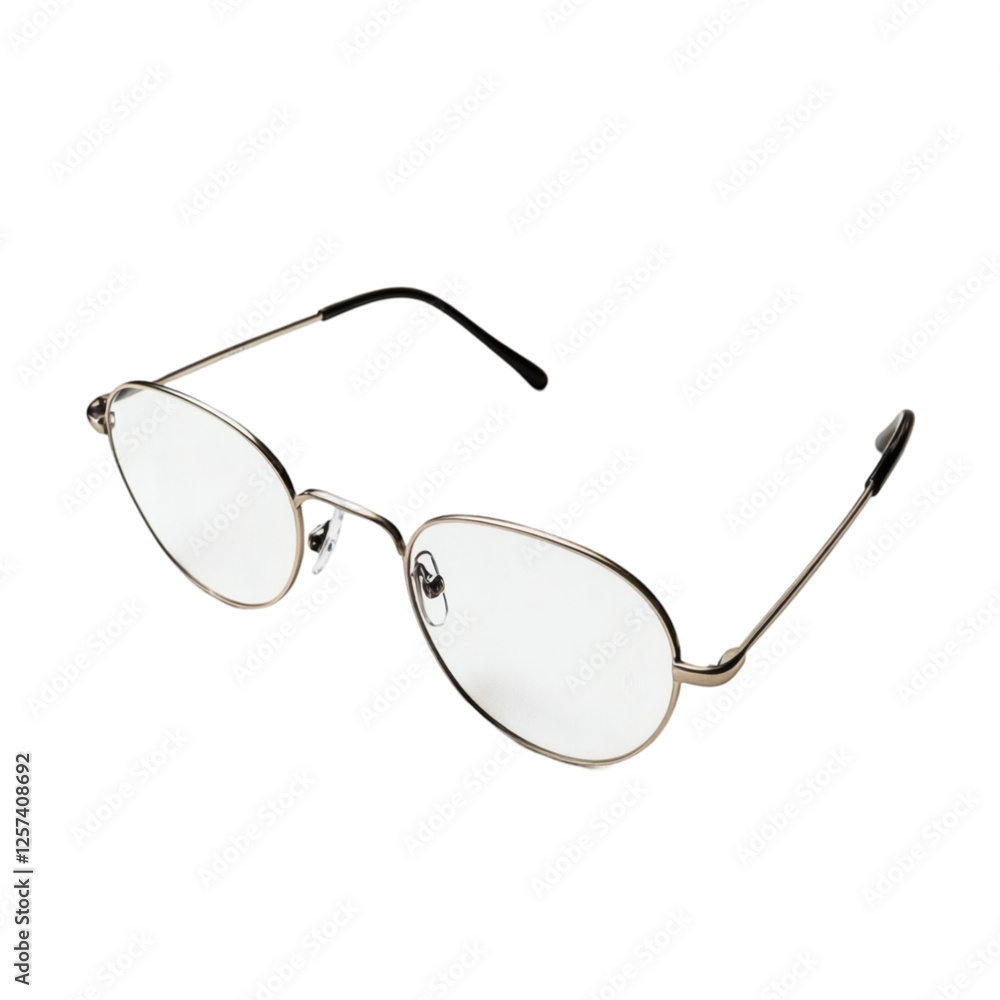 Poster realistic high-quality isolated object of a pair of reading glasses with thin metal frames, lightwei