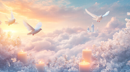 Fototapeta premium sky funeral background with white dove, copy space for text