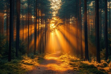 Sunbeams illuminate a forest path at sunrise, creating a magical golden ambiance. Perfect for illustrating tranquility, nature, or spiritual themes.