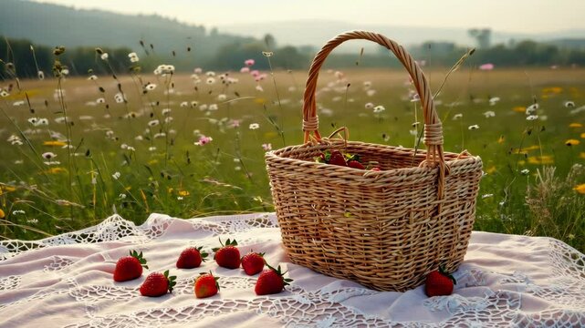 A picnic basket with fresh strawberries in a blooming meadow, capturing the essence of Hello Spring, outdoor relaxation, and nature awakening