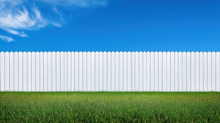 Fototapeta premium A tranquil grassy field meets a clean, white fence under a bright blue sky, capturing the essence of peaceful countryside life
