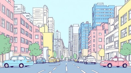 Obraz premium City street pastel illustration, urban scene, cars parked, background skyscrapers, website banner