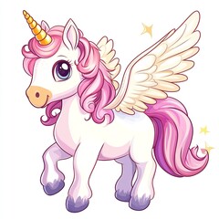 Adorable Pink and White Winged Unicorn Magical Creature Fantasy Illustration Cute Pony Fairytale Baby Girl Nursery Decor Sweet Dreamy Cartoon         