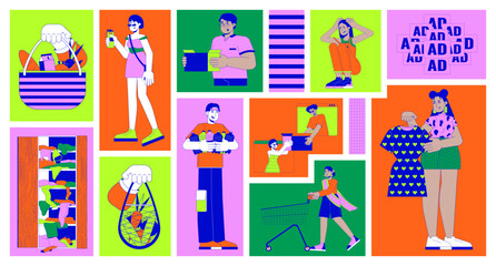 Responsible consumption bento grid illustration set. Minimize impact on environment 2D vector image collage design graphics collection. Multiracial people using goods flat characters moodboard layout