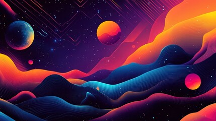 A glowing abstract background with virtual landscapes, glowing player avatars, and tech patterns