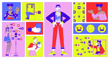 Social network stars bento grid illustration set. Popular personalities on social media 2D vector image collage design graphics collection. Bloggers streaming flat characters moodboard layout