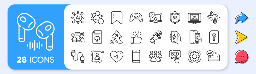 Eco energy, Gamepad and Online question line icons. Interest rate, AI generate, Inflation icons. Pack of House security, Group, Developers chat icon. Phone pay, Seo gear, Headphone pictogram. Vector © blankstock