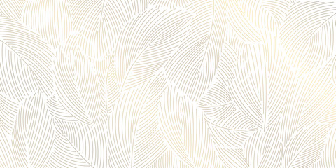 Vector golden leaves art deco pattern, flower line luxury motif, fancy nouveau nature background. Wavy japanese elegant wallpaper, foliage illustration