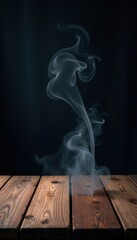 Empty rustic wooden table, ethereal smoke rising on black backdrop, top, design, weathered
