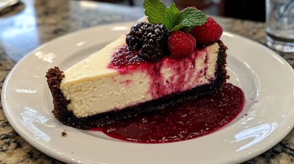 Restaurant Cheesecake Dessert, Berry Sauce, Garnish, Table