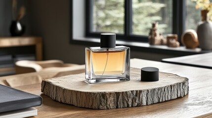 Amber perfume bottle on wooden slice, modern room, forest view, for home decor