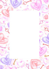 Hand drawn watercolor St. Valentine postcard frame border. Illustration of hearts keys and confetti isolated on white background. Can be used for postcard, cover, scrapbook and other printed products.