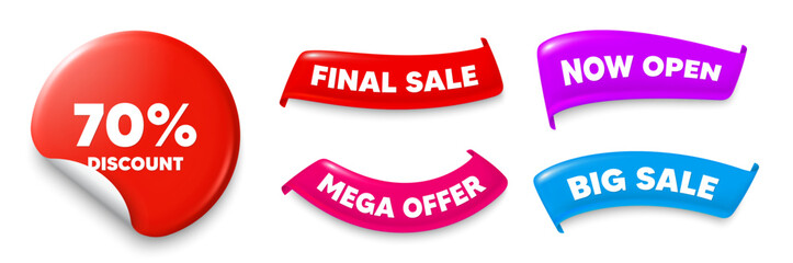 Discount sticker, Sale offer ribbons. Big sale, Now open. 70 percent discount tag. Sale offer price sign. Special offer symbol. Sticker badge. Flag ribbon banners. Discount offer banners. Vector