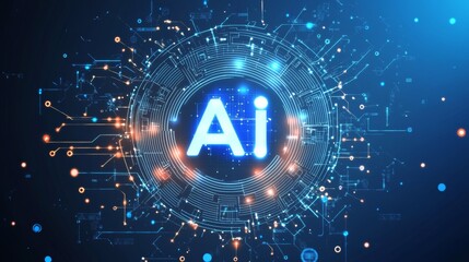 Obraz premium Abstract concept of AI computing, AI circle working with artificial intelligence data, futuristic digital technology on a dark blue background, symbolizing advanced AI systems and future tech.