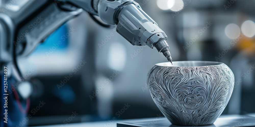 Poster robotic arm carving intricate patterns on metal vase
