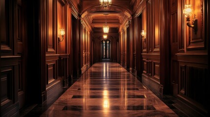 Elegant vintage corridor with dark wooden details, marble flooring, and soft, moody lighting