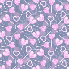 Hand drawn watercolor St. Valentine seamless pattern. Illustration of heart lollypops isolated on blue background. Can be used for textile, fabric, scrapbook and other printed products.