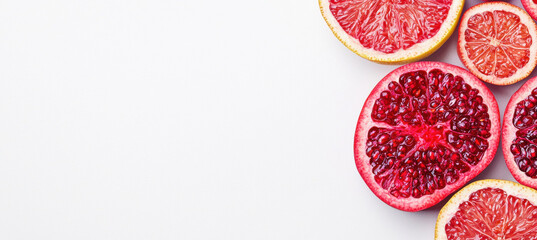Slices of pomegranate and grapefruit on white background isolated design on white background